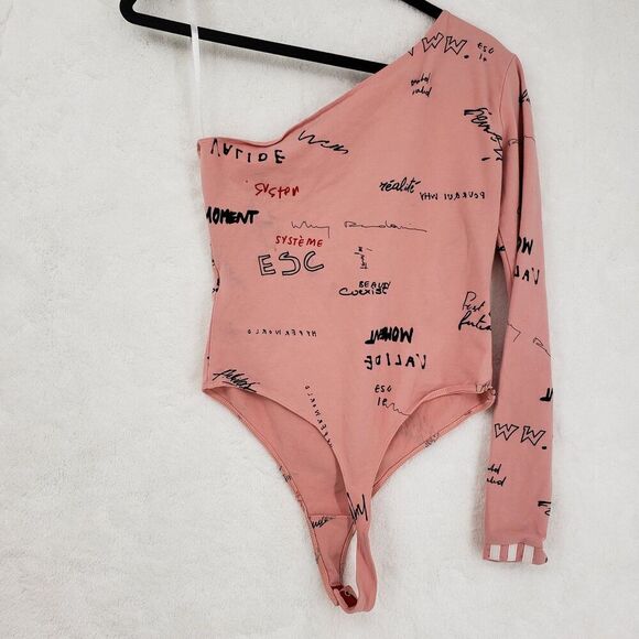 Adidas Bodysuit Womens Large Pink One Shoulder Long Sleeve Graphic GD3042 ESC - Picture 6 of 13